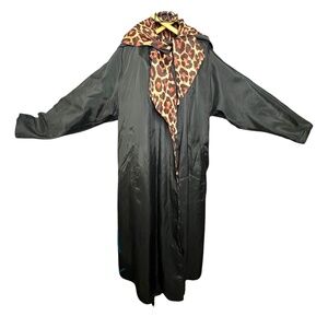 Vtg 1950s Black Satin Silk Reversible Leopard Print Duster Coat Hooded Pockets